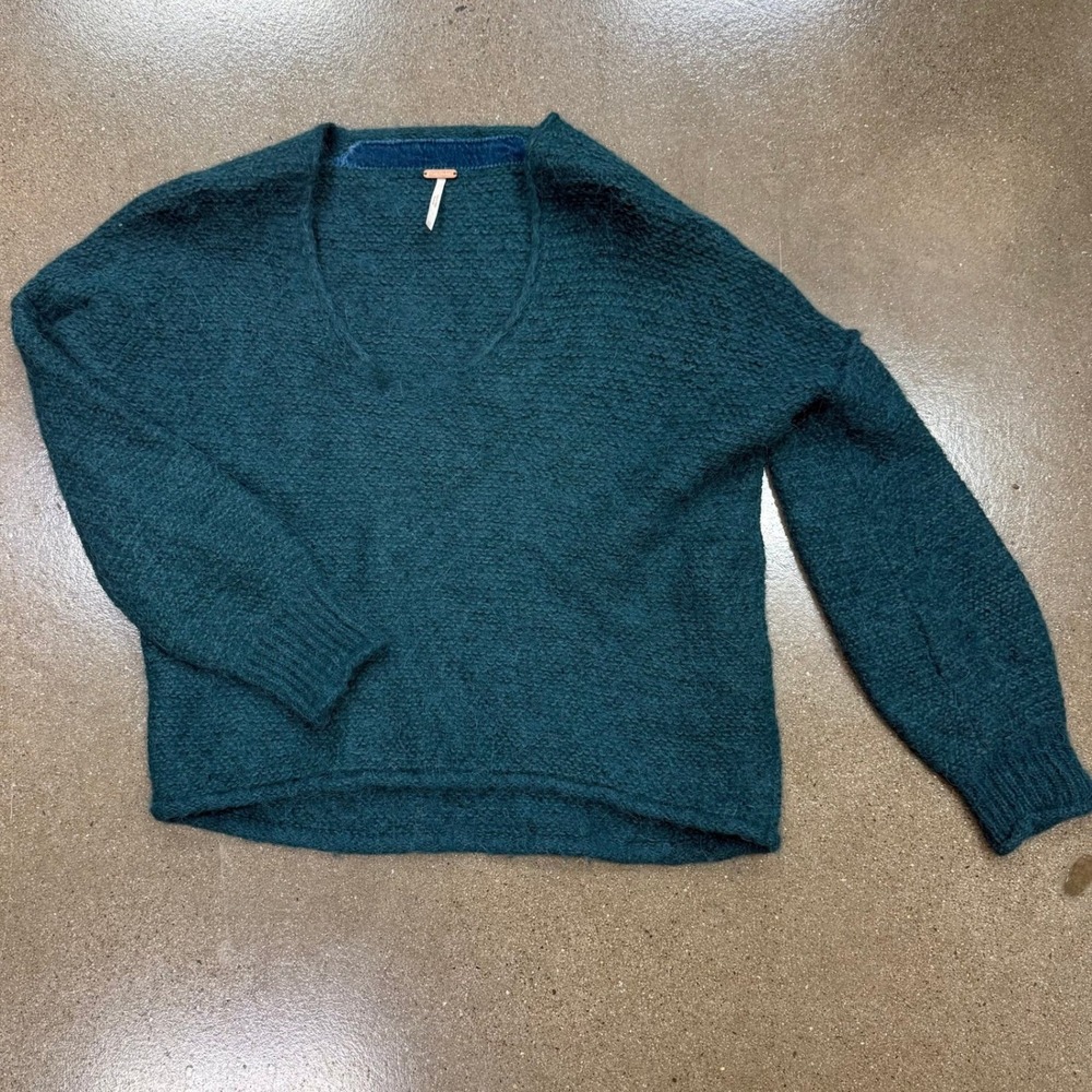 Free People Teal Green Alpaca Blend V-Neck Fuzzy Textured Knit Sweater Slouchy